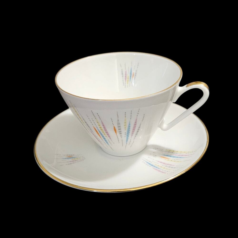 Edelstein Bavaria Atomic Wheat Demitasse Cup Saucer Set Mid Century Gold Trim